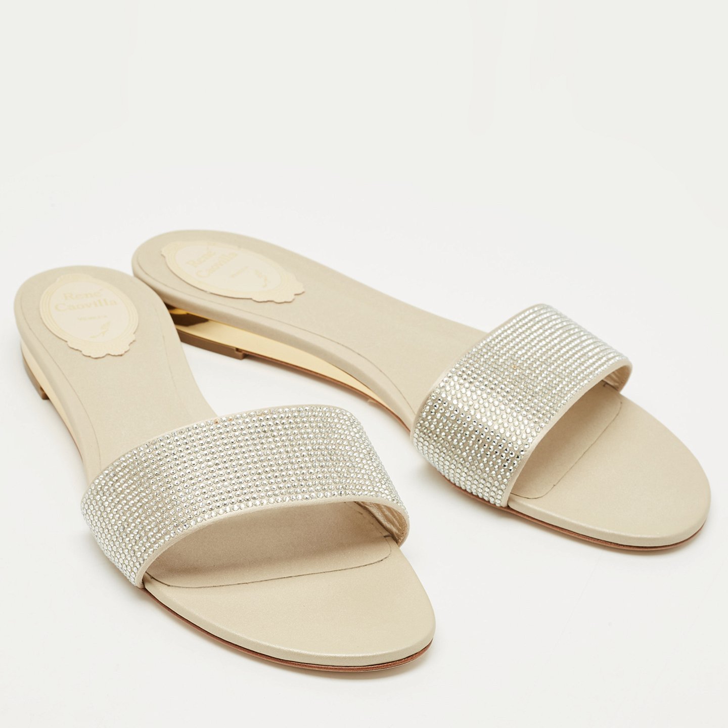 Light Gold Satin Crystals Embellished Flat Slides 4