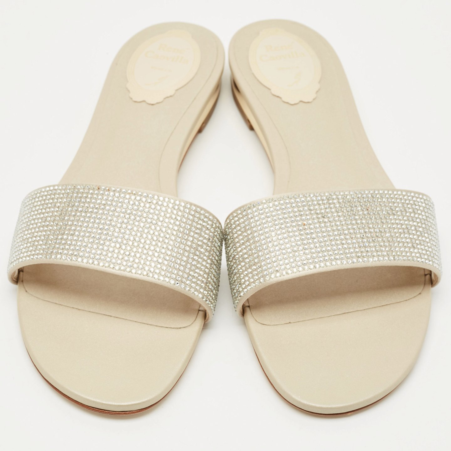 Light Gold Satin Crystals Embellished Flat Slides 5