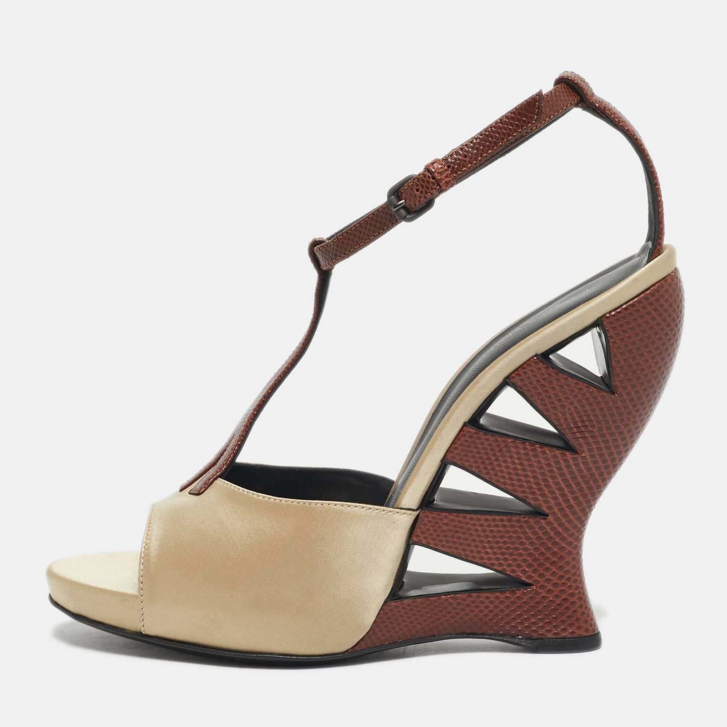 Beige/Silver Lizard Embossed Leather and Satin Wedge Sandals 2