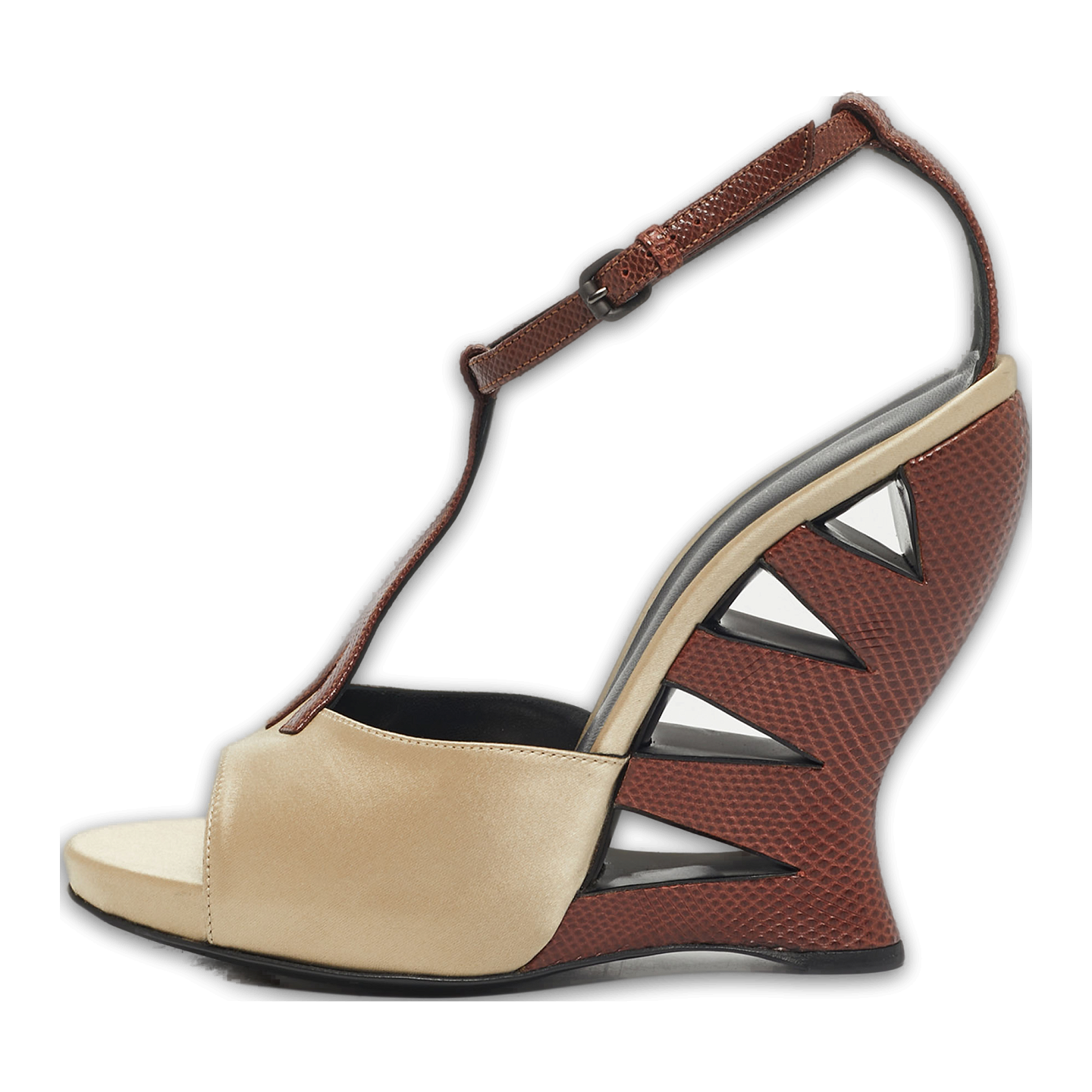 Beige/Silver Lizard Embossed Leather and Satin Wedge Sandals 0