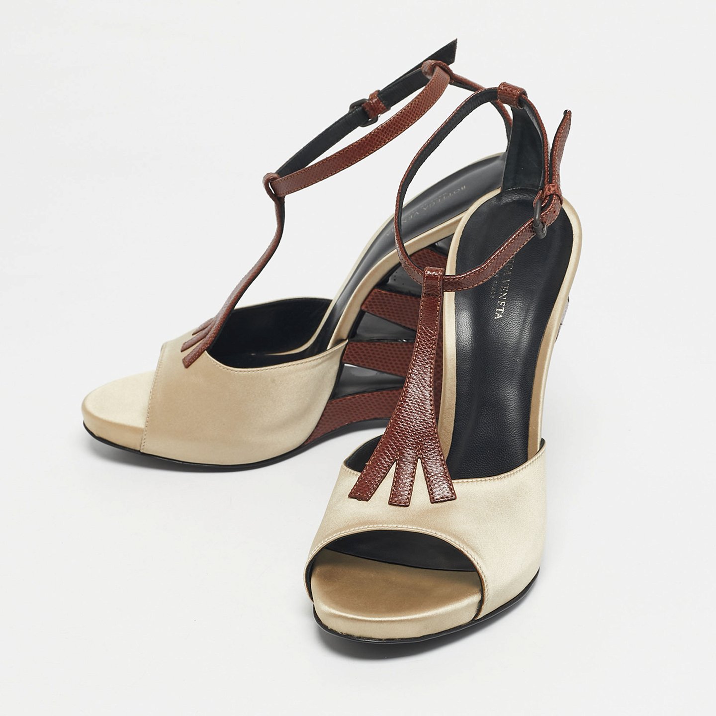Beige/Silver Lizard Embossed Leather and Satin Wedge Sandals 3