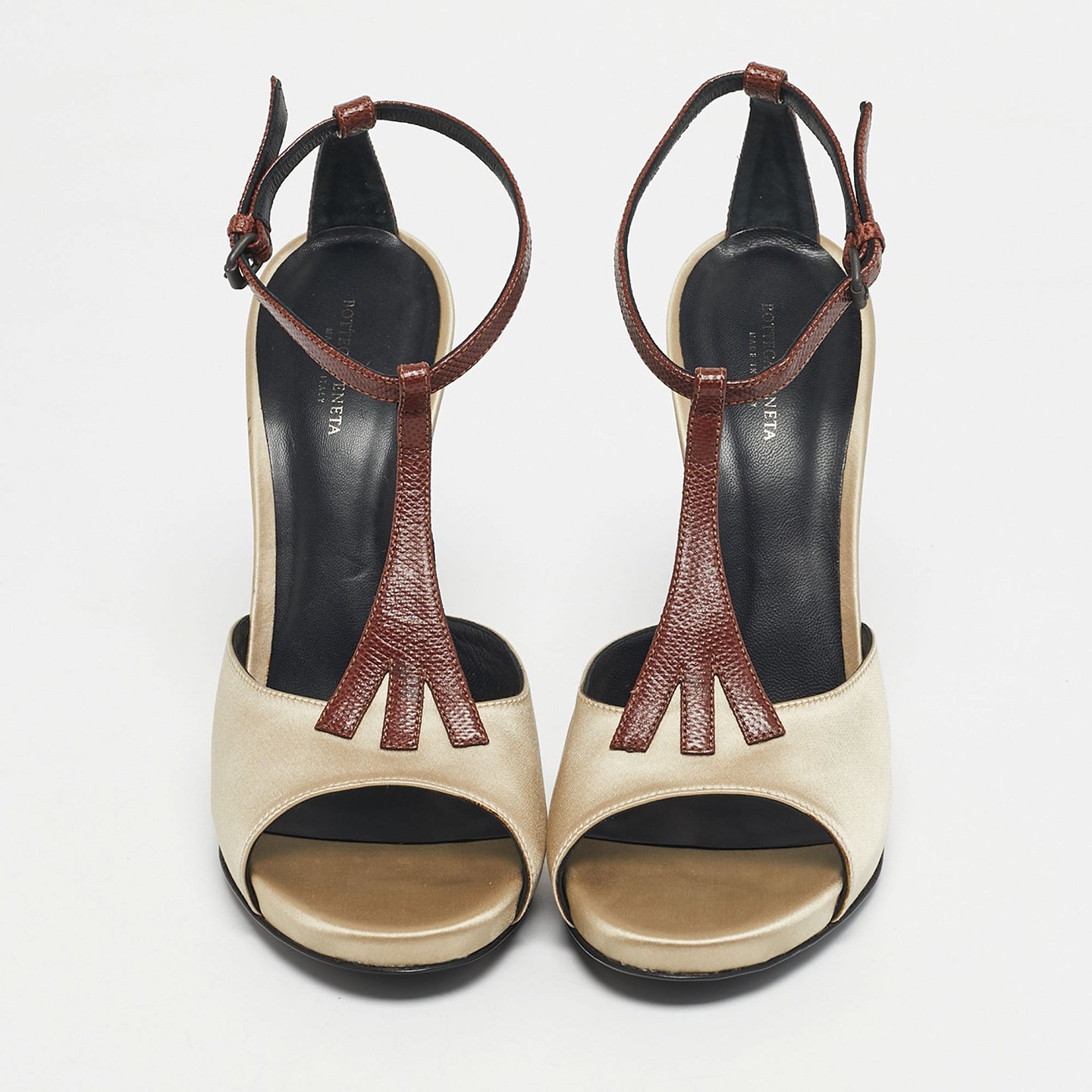 Beige/Silver Lizard Embossed Leather and Satin Wedge Sandals 4