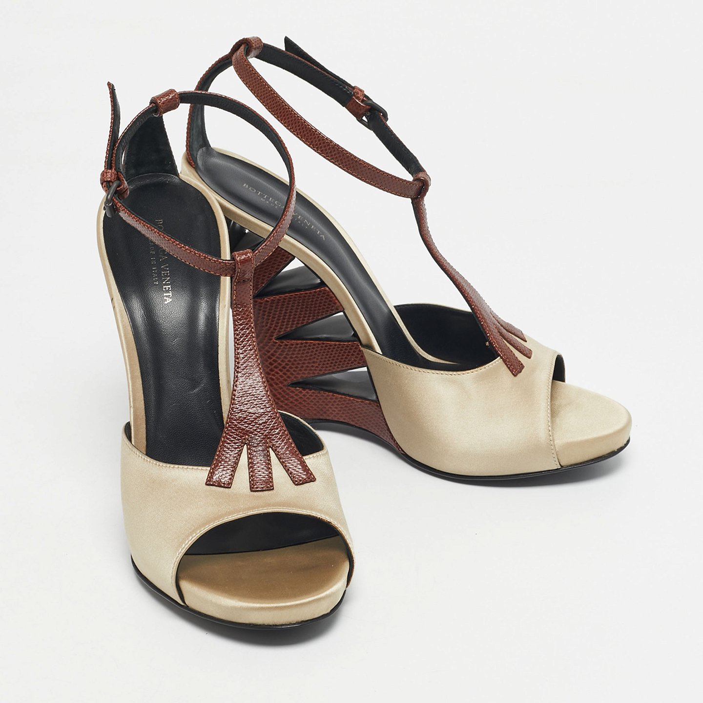Beige/Silver Lizard Embossed Leather and Satin Wedge Sandals 5