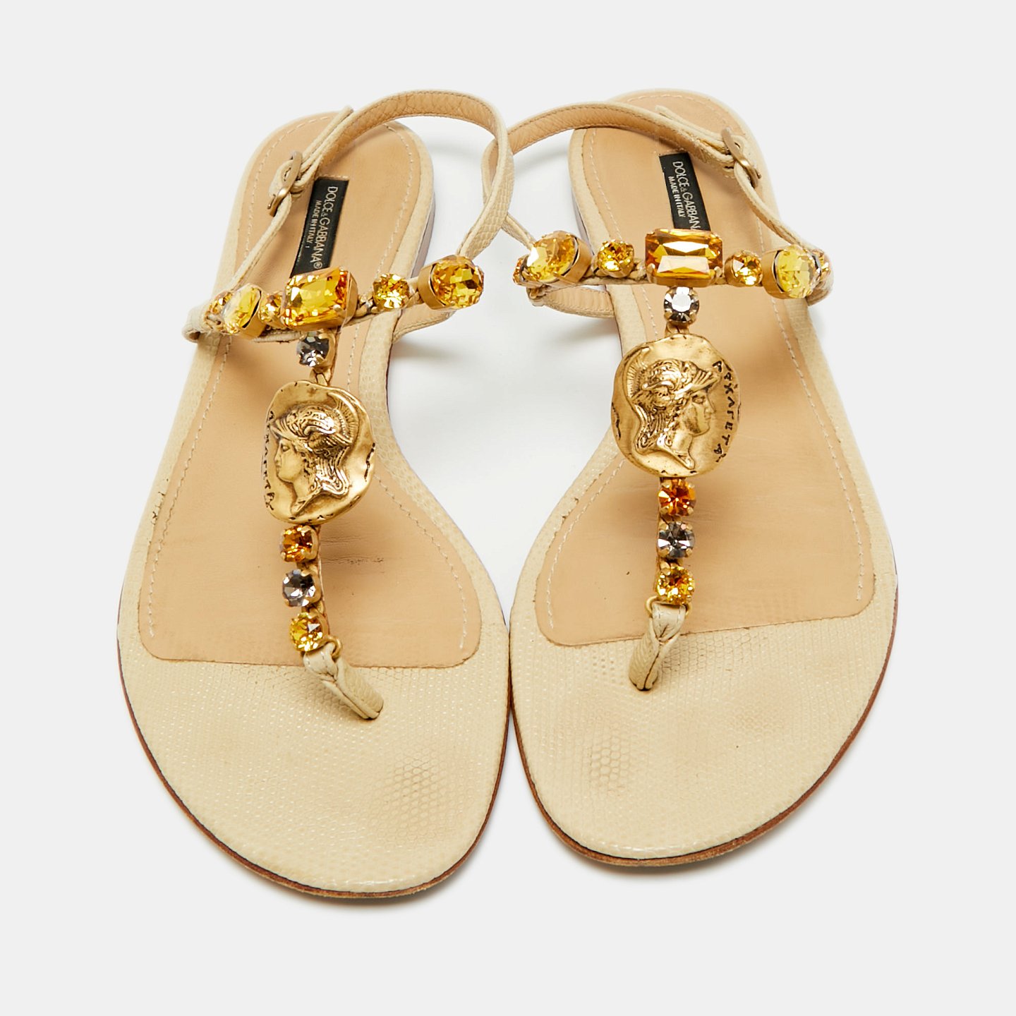 Beige Lizard Embossed Leather Crystal Embellished Thong Flat Sandals 3