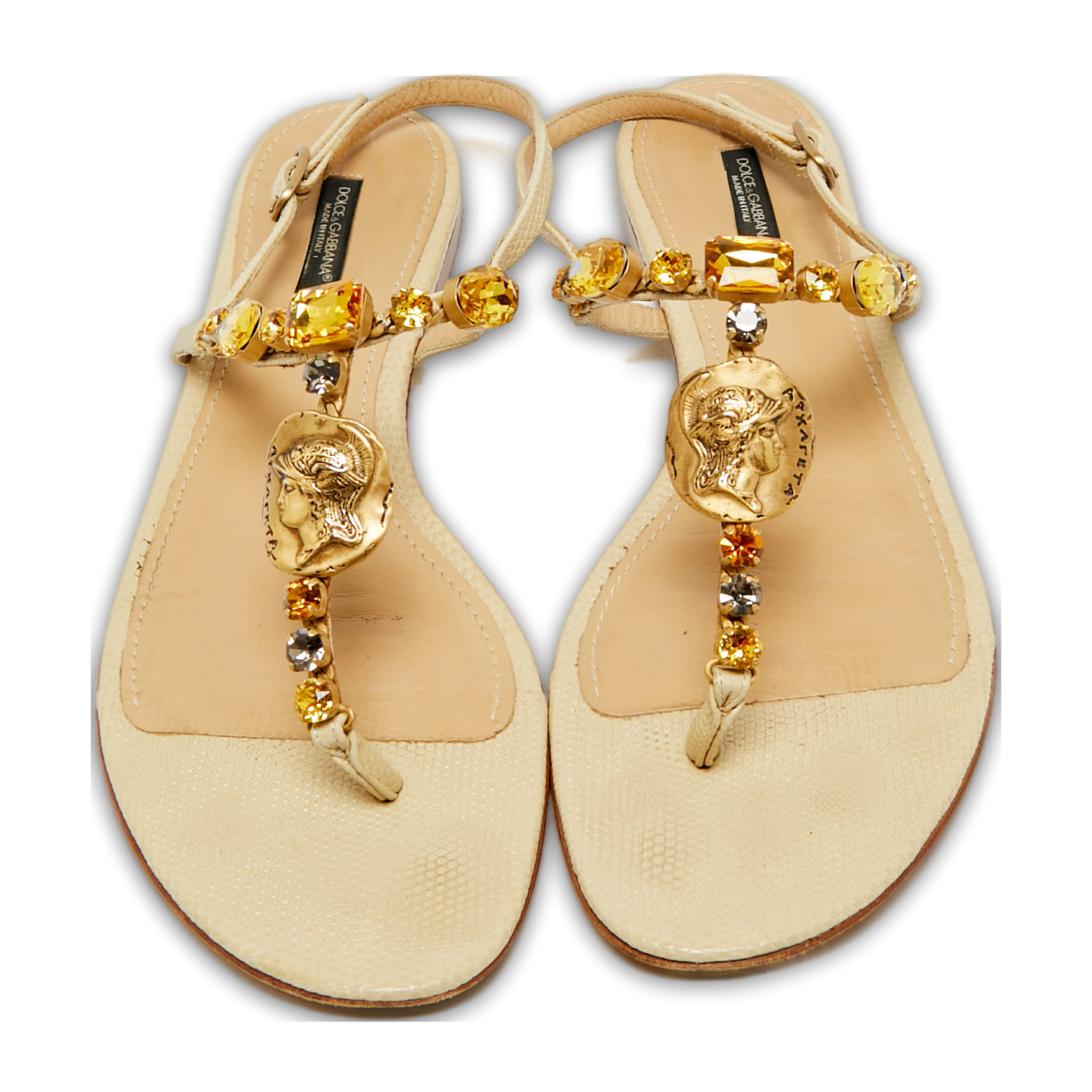 Beige Lizard Embossed Leather Crystal Embellished Thong Flat Sandals 0