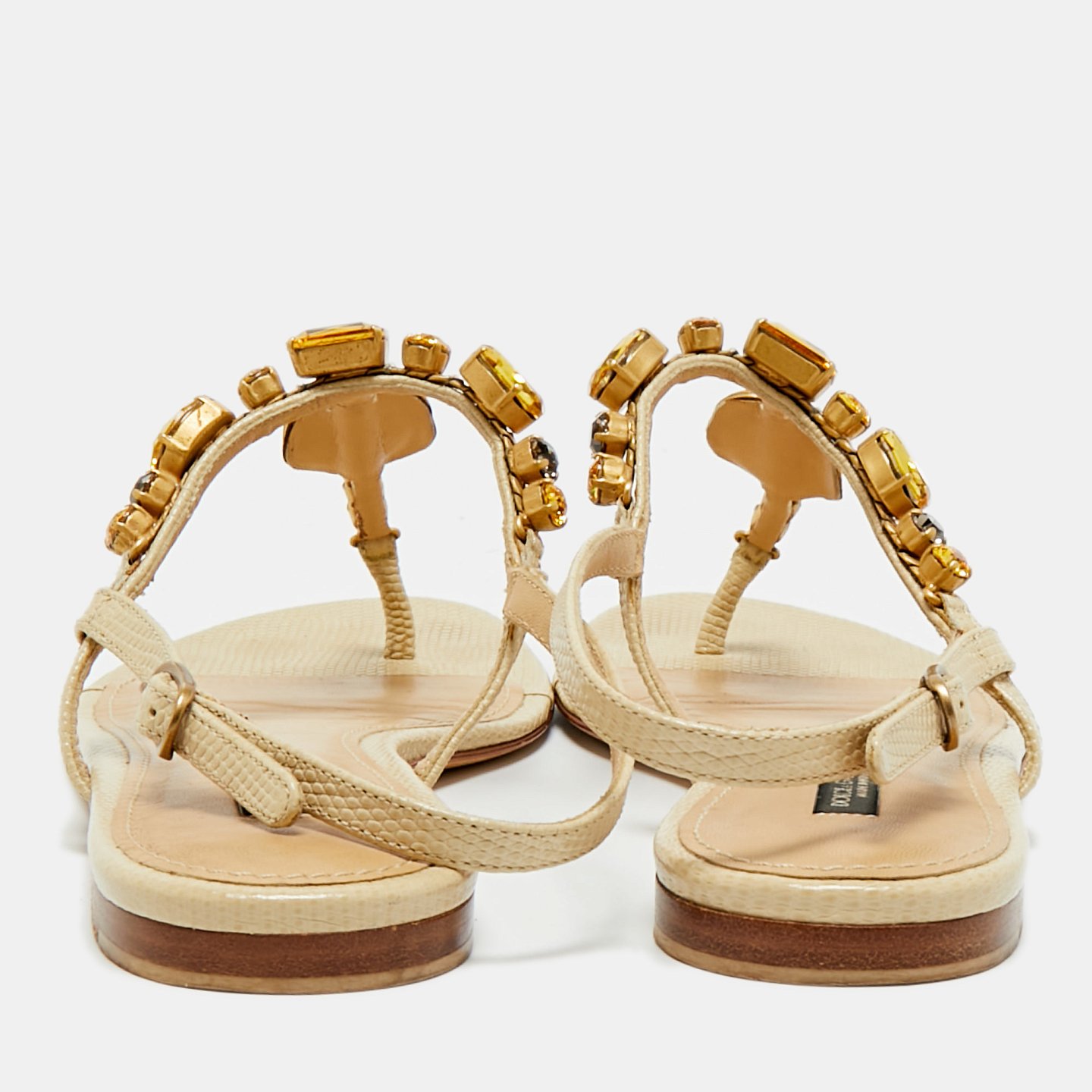 Beige Lizard Embossed Leather Crystal Embellished Thong Flat Sandals 5