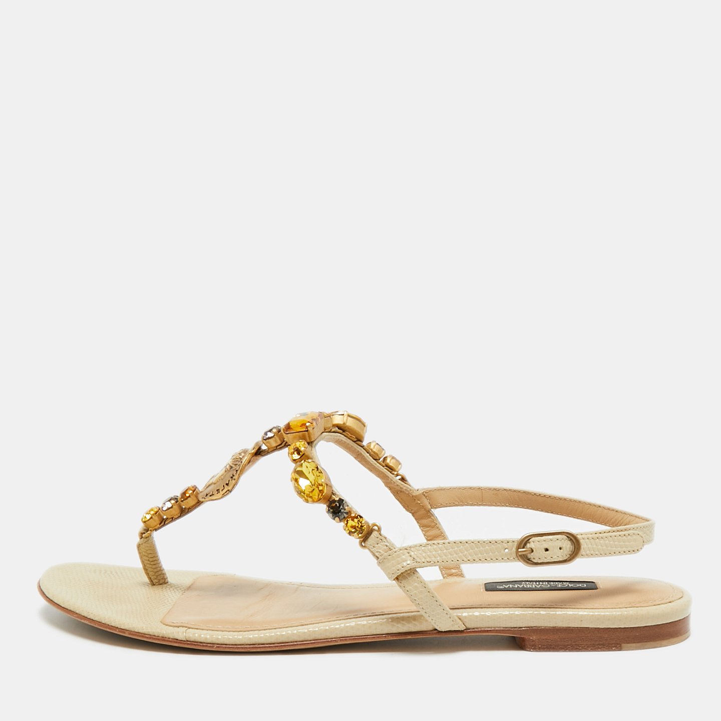 Beige Lizard Embossed Leather Crystal Embellished Thong Flat Sandals 6