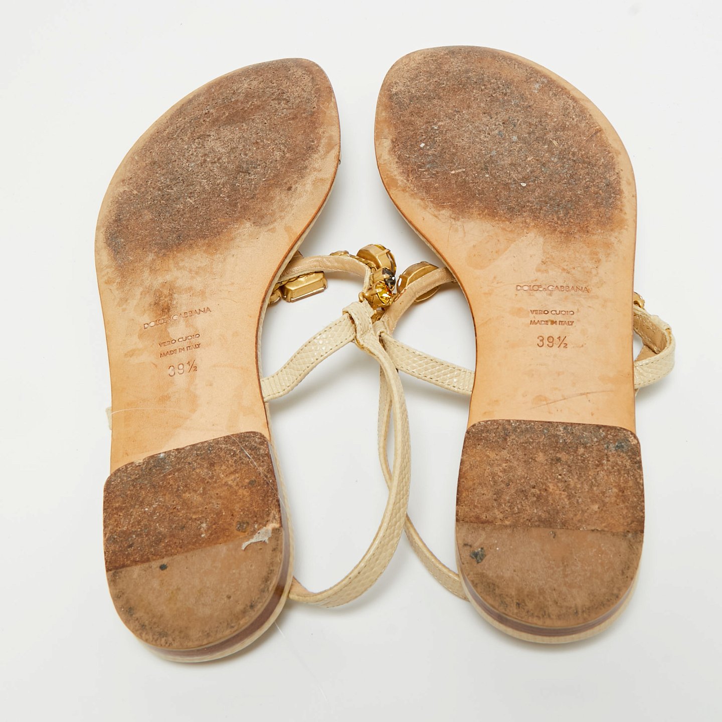 Beige Lizard Embossed Leather Crystal Embellished Thong Flat Sandals 8