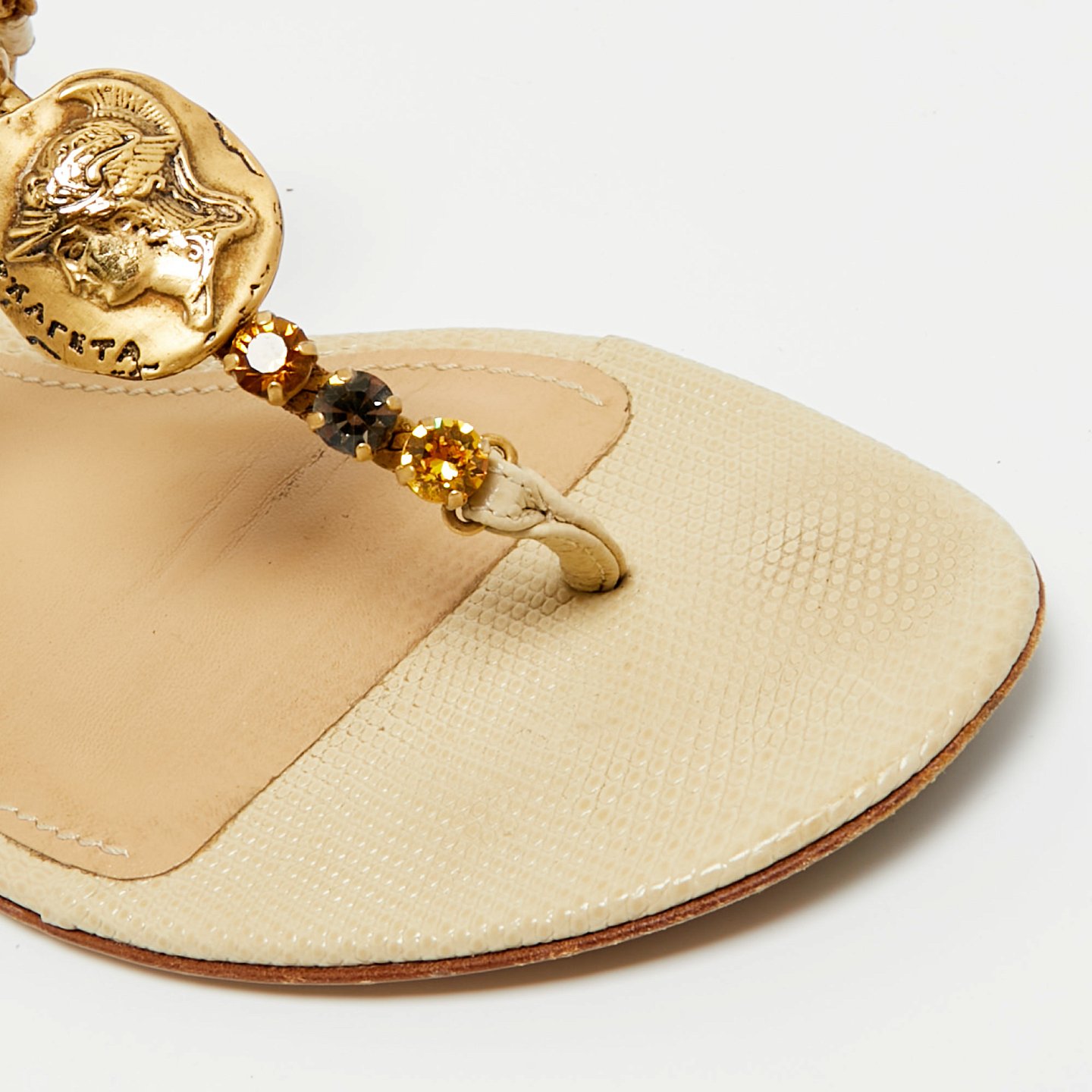 Beige Lizard Embossed Leather Crystal Embellished Thong Flat Sandals 1