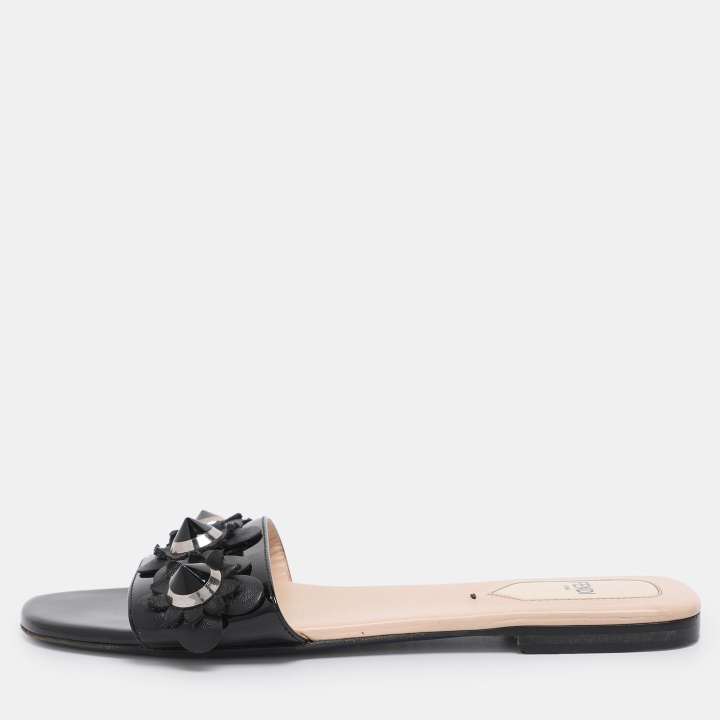 Black Patent Leather Flower Stud Flat Slides 3