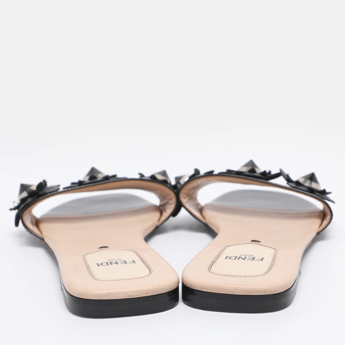 Black Patent Leather Flower Stud Flat Slides 5