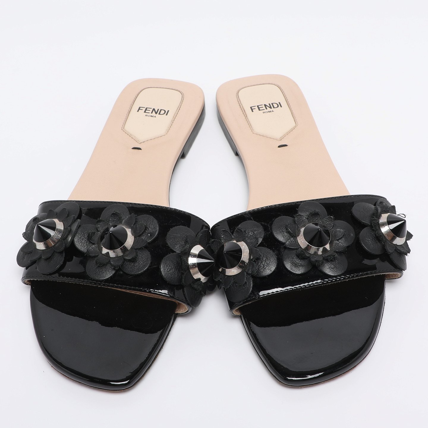 Black Patent Leather Flower Stud Flat Slides 1