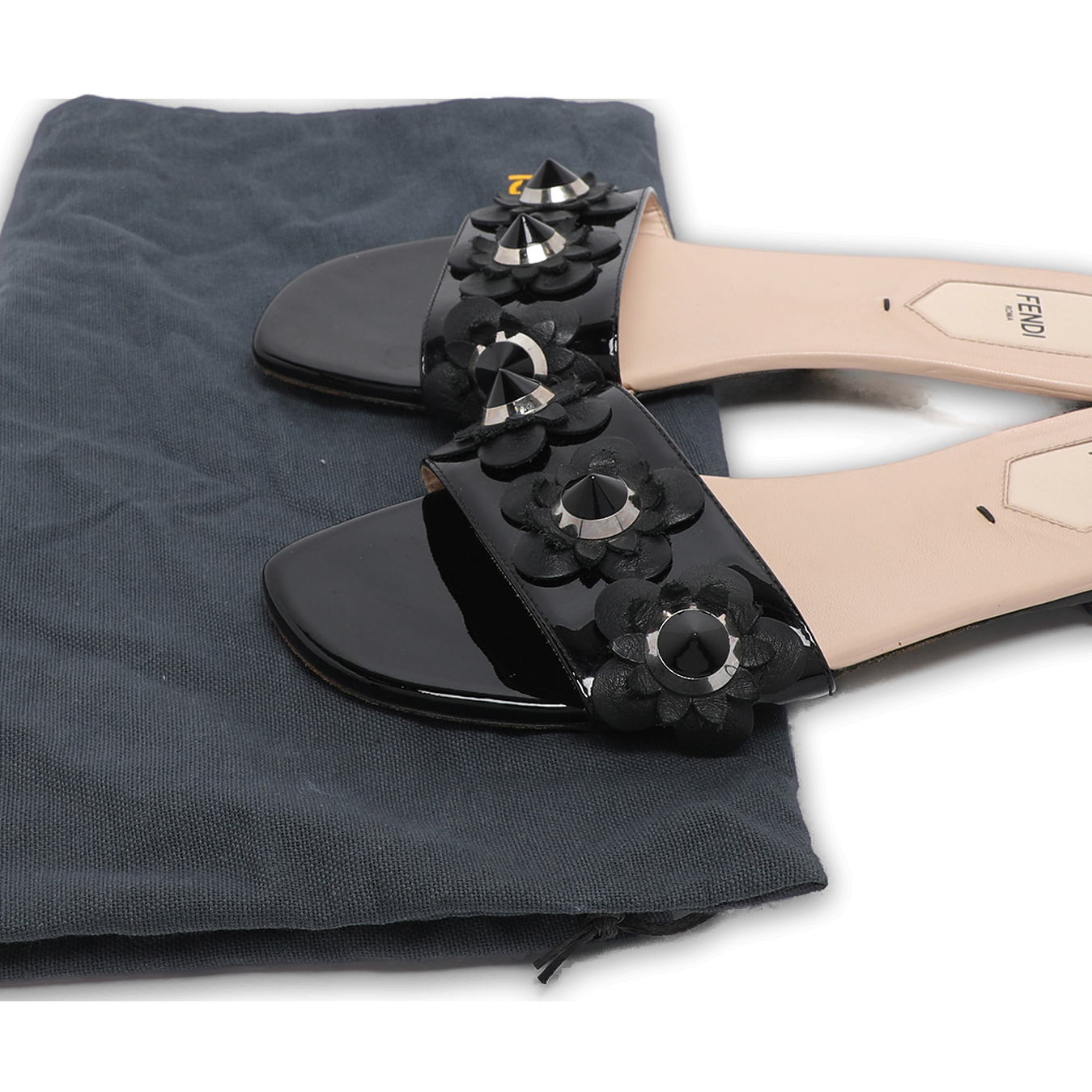 Black Patent Leather Flower Stud Flat Slides 2