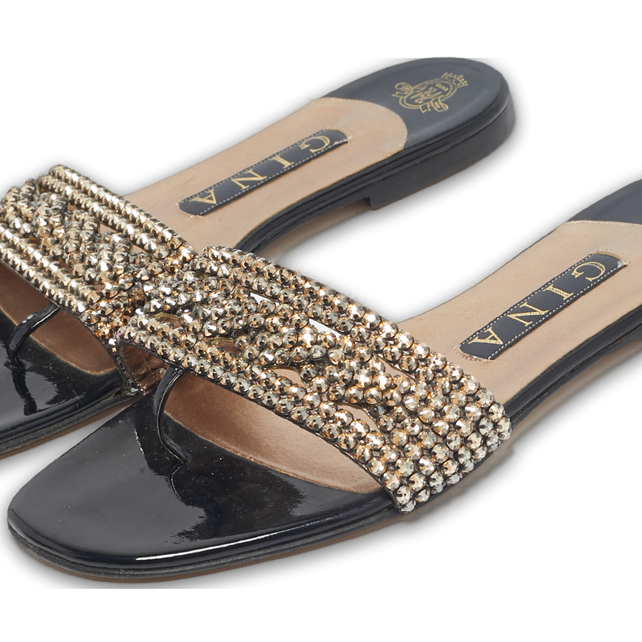 Black Leather Crystal Embellished Leather Flat Slides 0