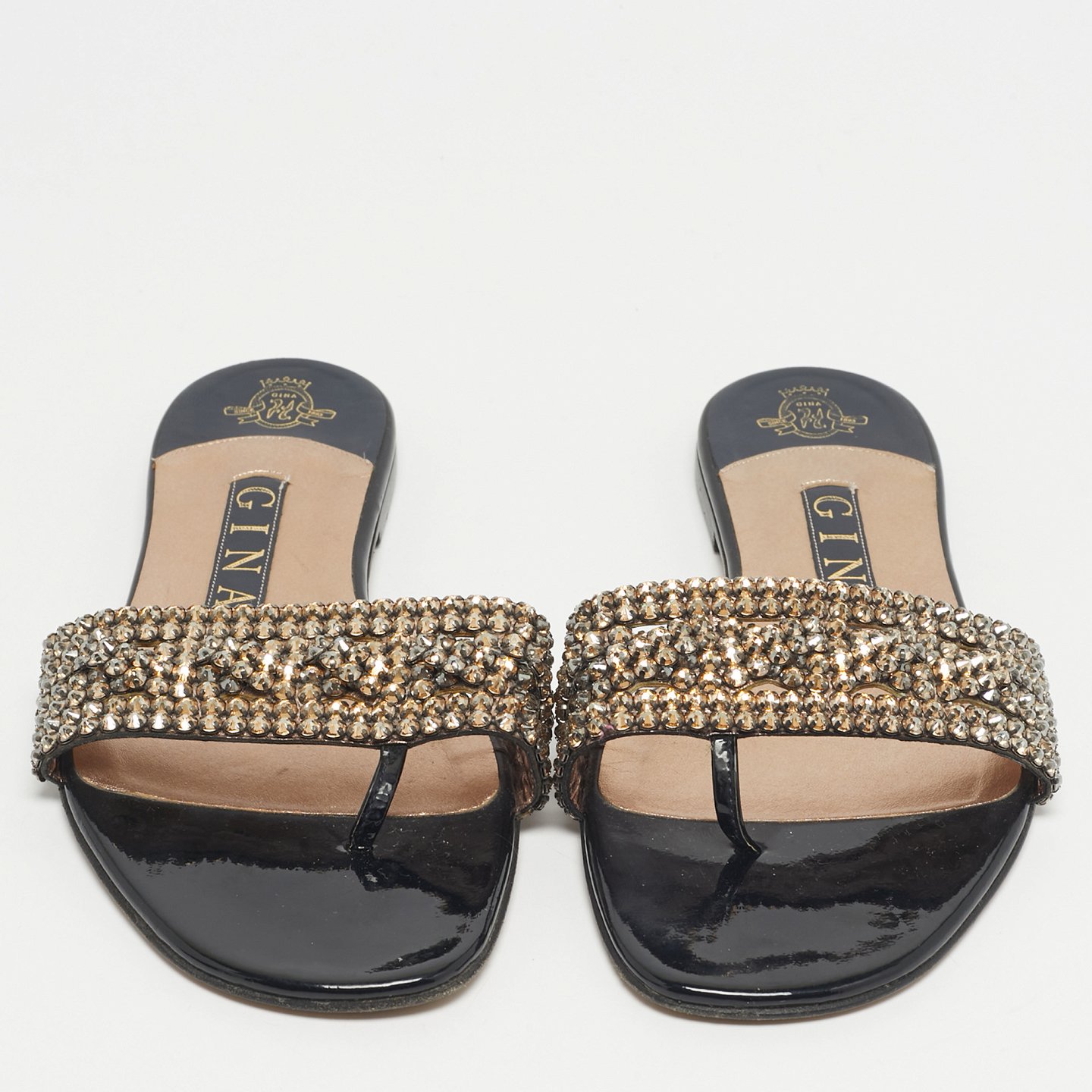 Black Leather Crystal Embellished Leather Flat Slides 4