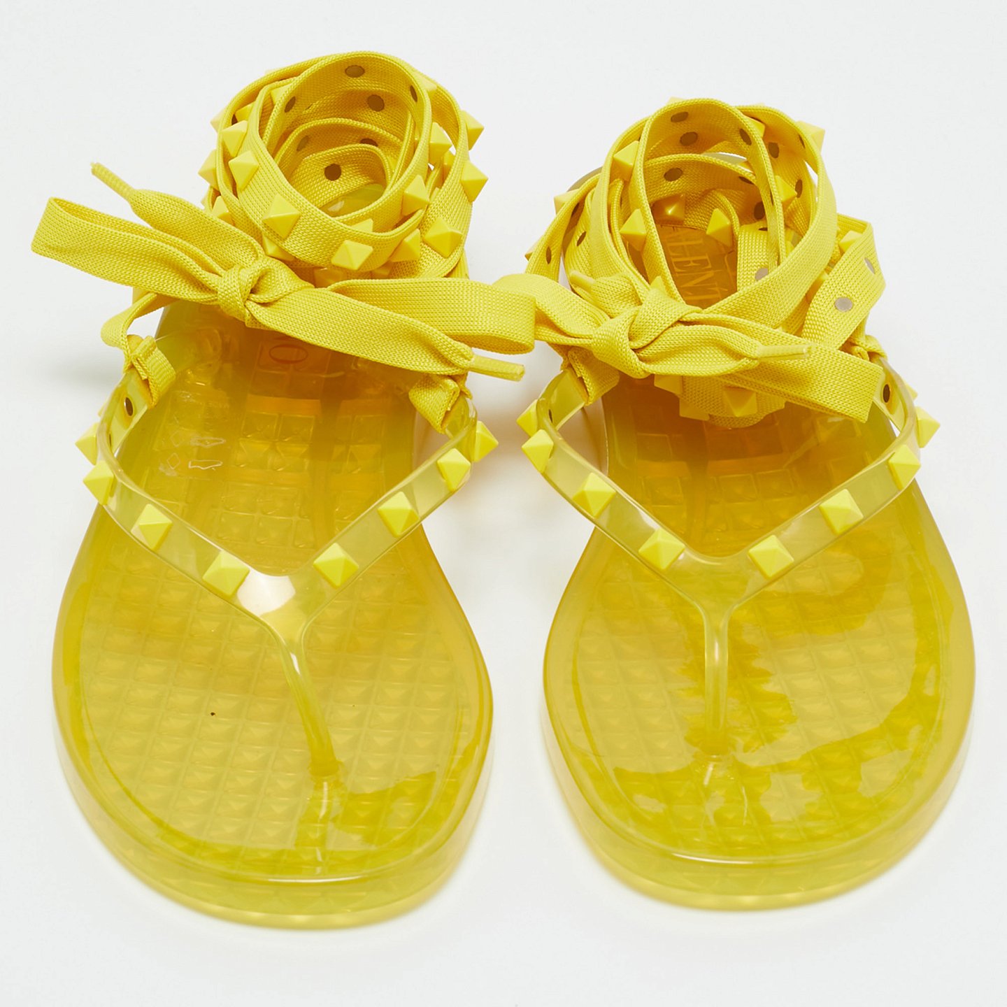 Yellow Fabric and Rubber Rockstud Thong Ankle Wrap Flats 2