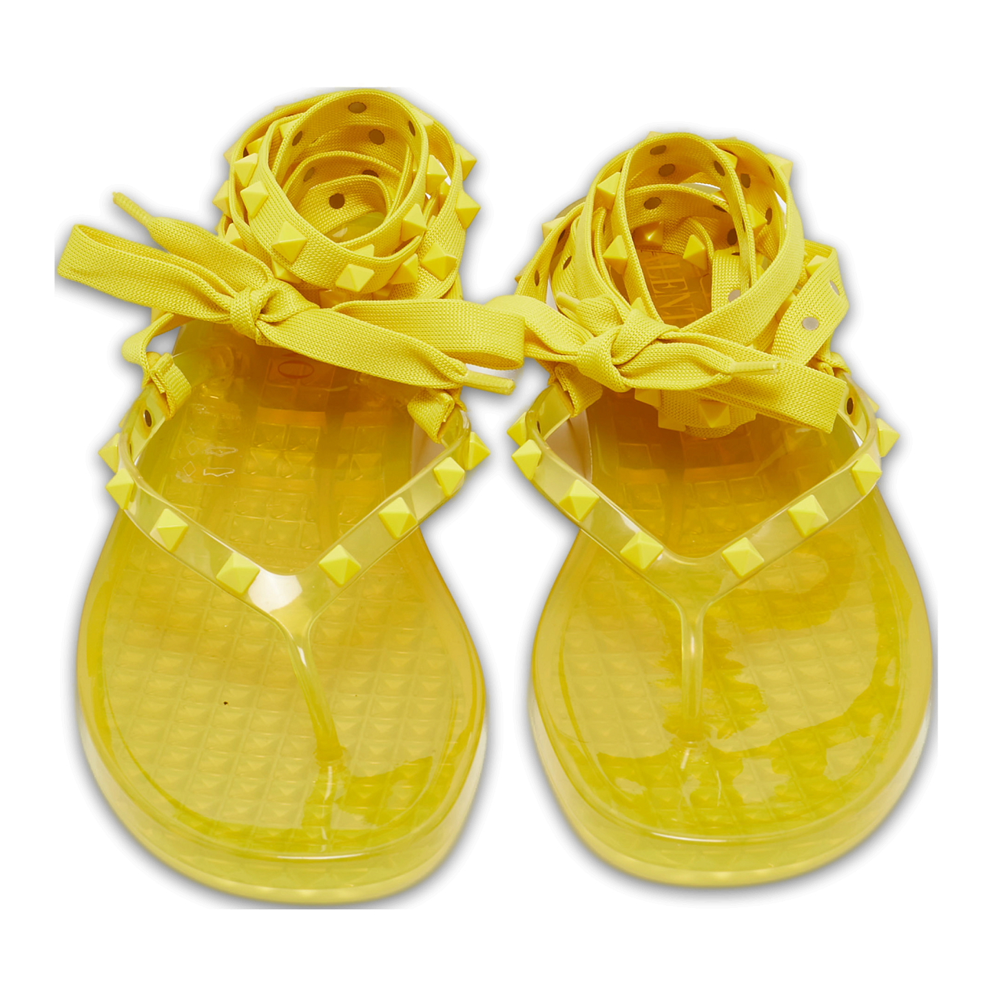 Yellow Fabric and Rubber Rockstud Thong Ankle Wrap Flats 0