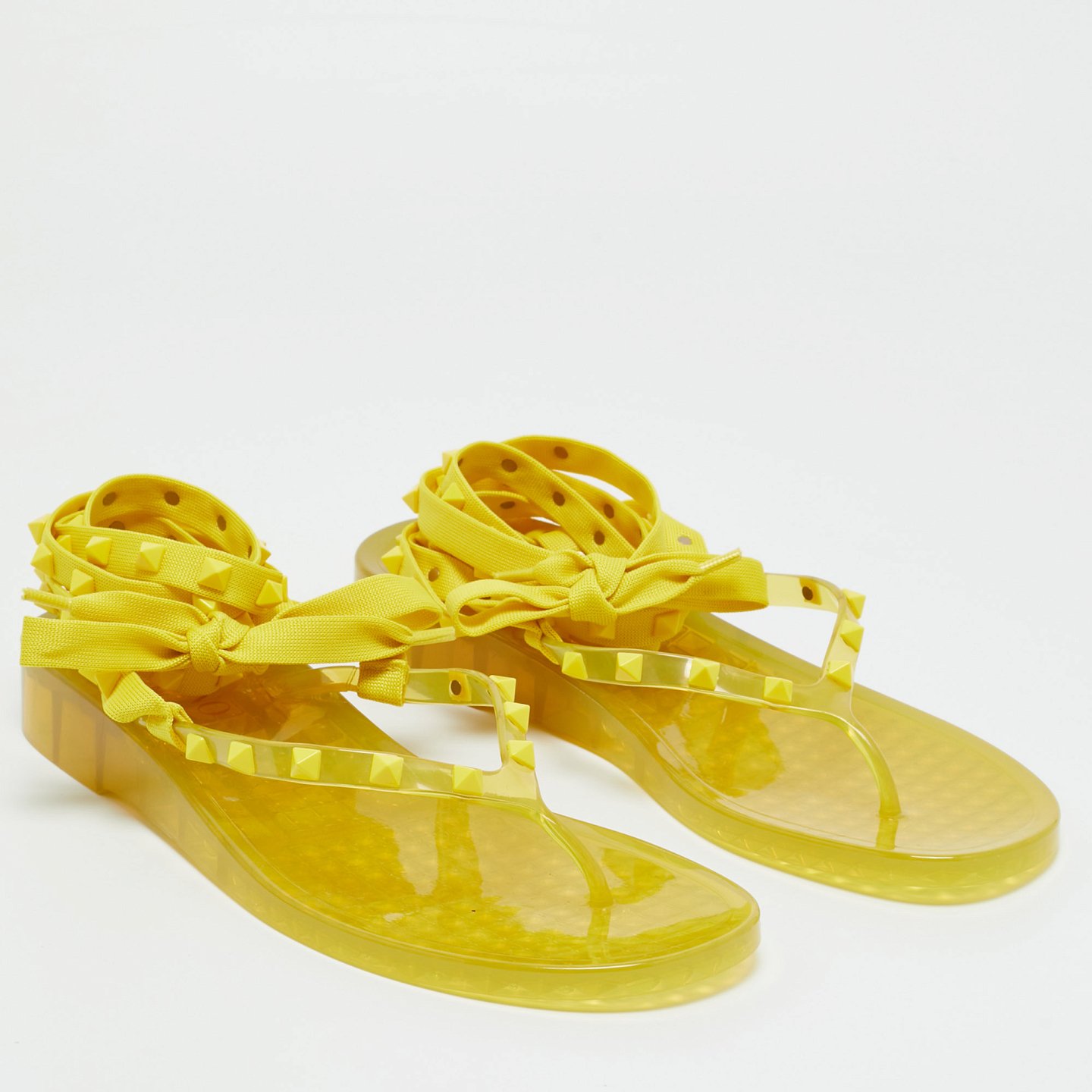 Yellow Fabric and Rubber Rockstud Thong Ankle Wrap Flats 3