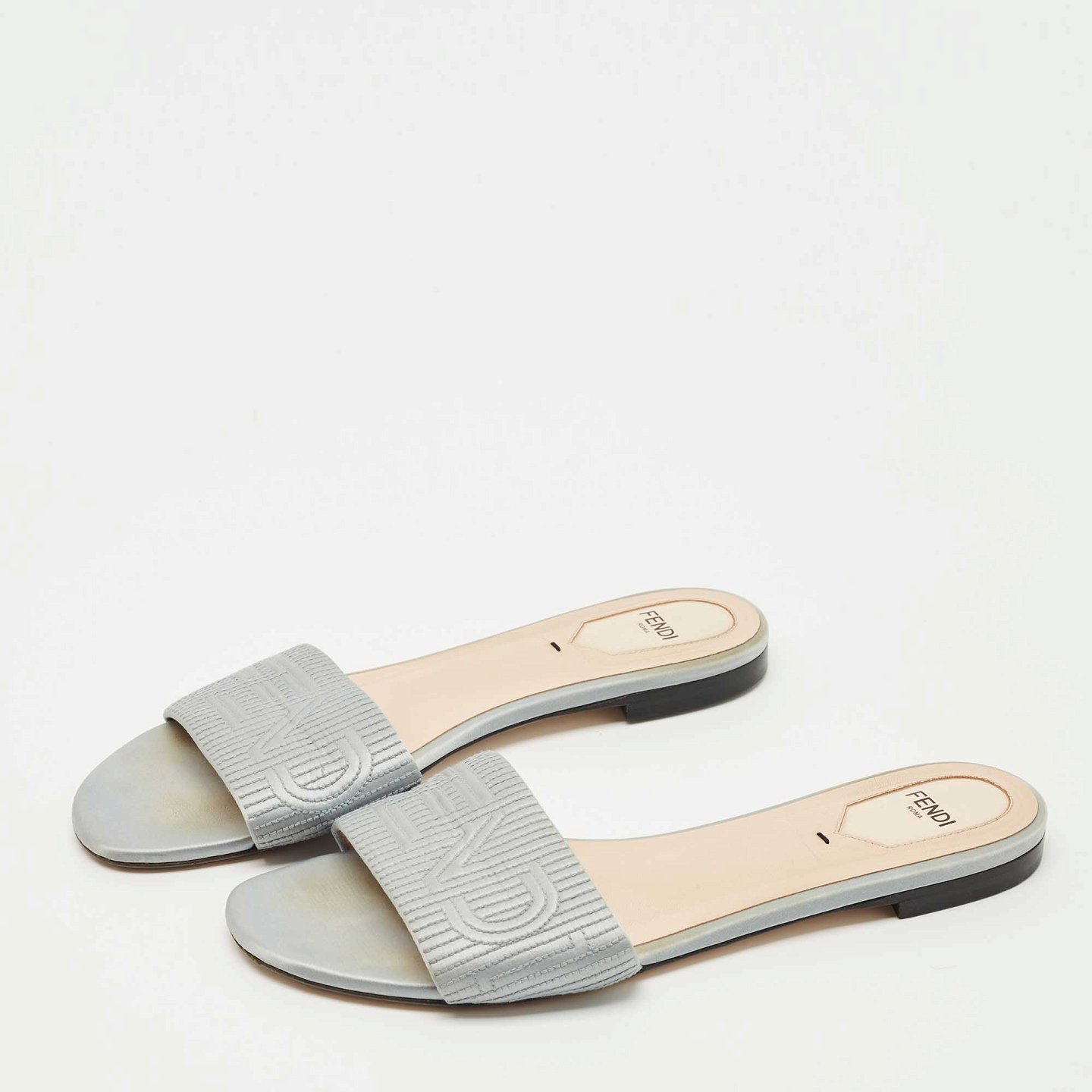 Grey Satin Logo Embroidered Flat Slides 3