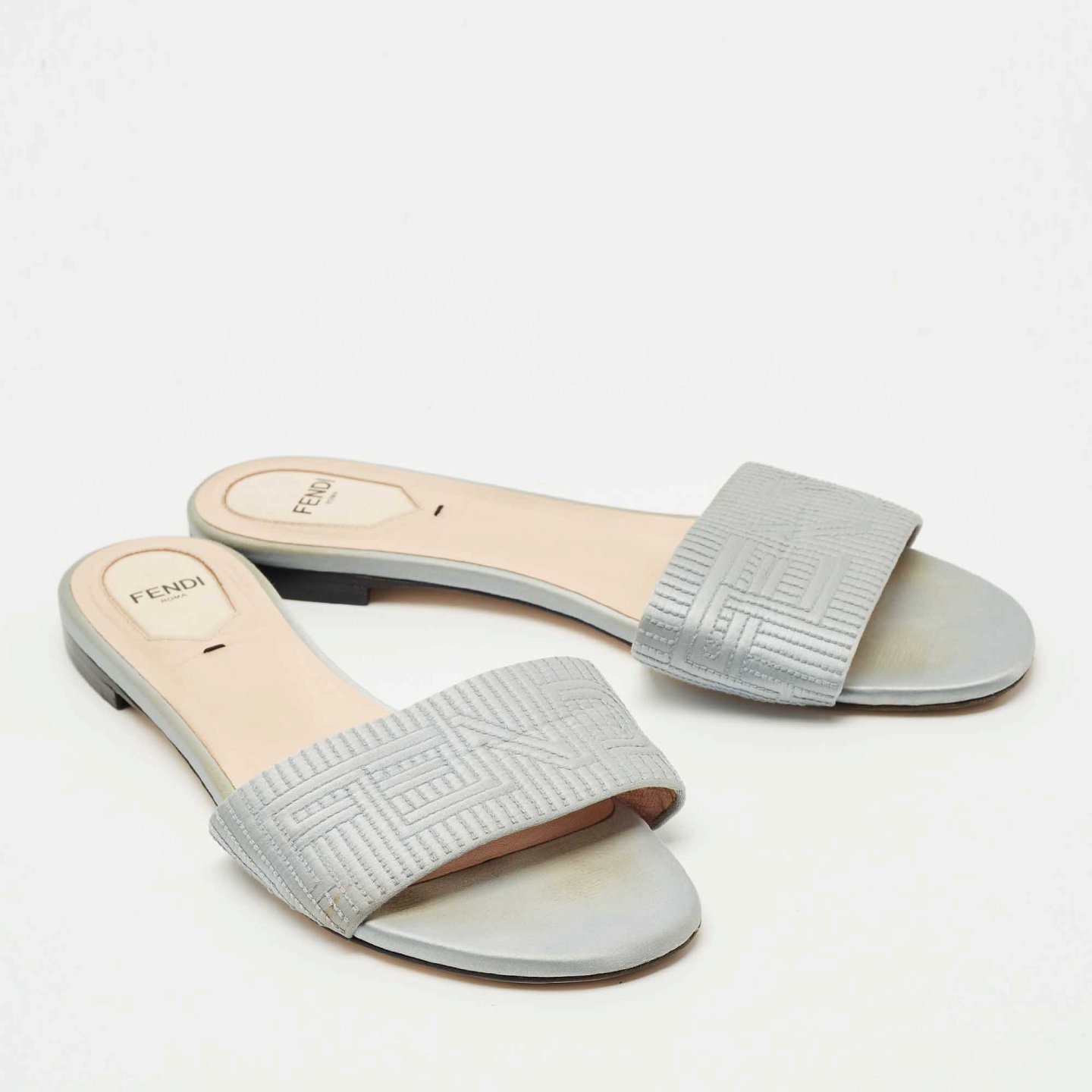 Grey Satin Logo Embroidered Flat Slides 5