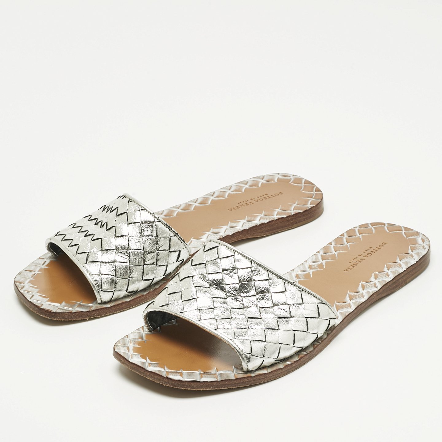 Intrecciato Metallic Intrecciato Leather Slide Sandals 1