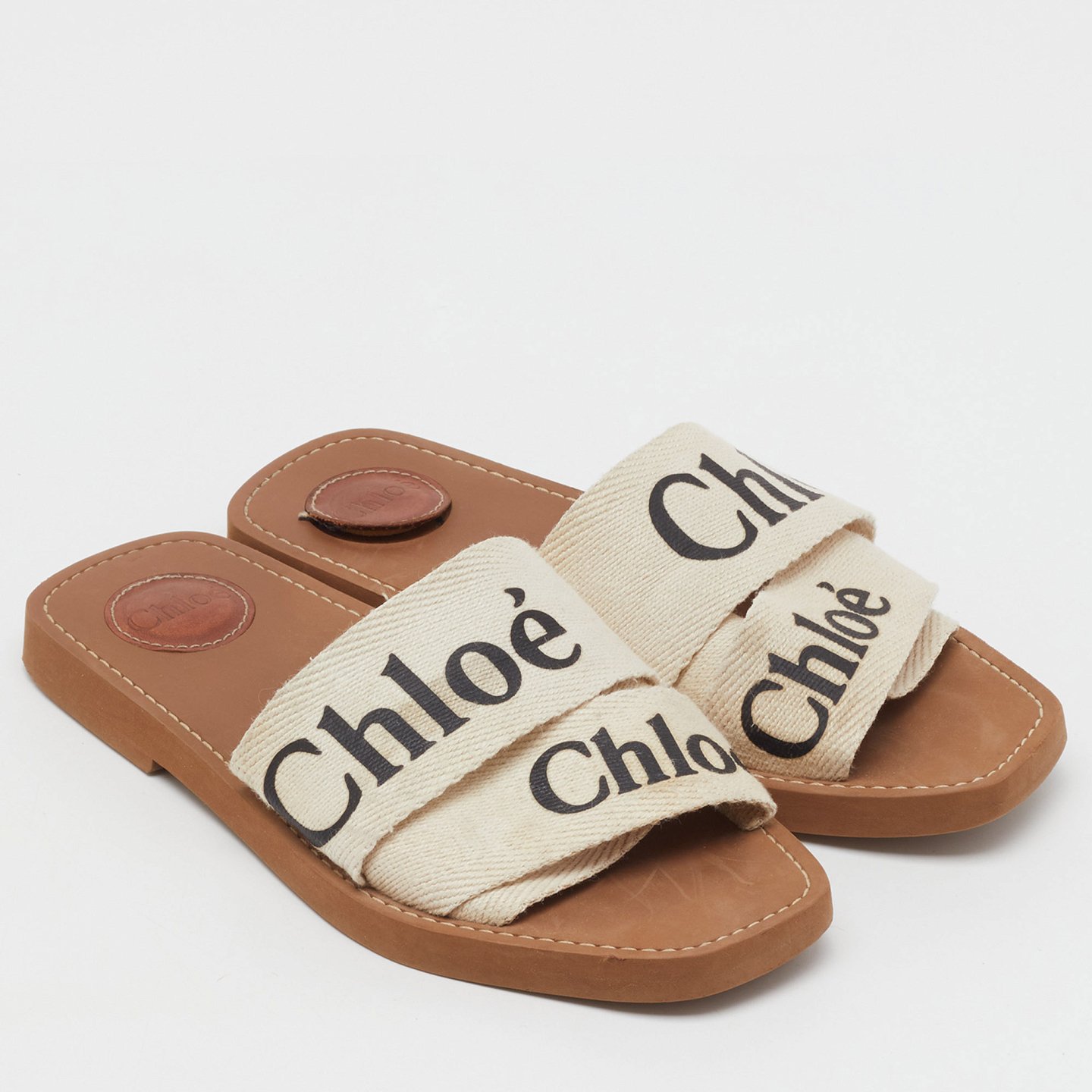 Off White Canvas Logo Ribbon Woody Flat Slide Sandals 4