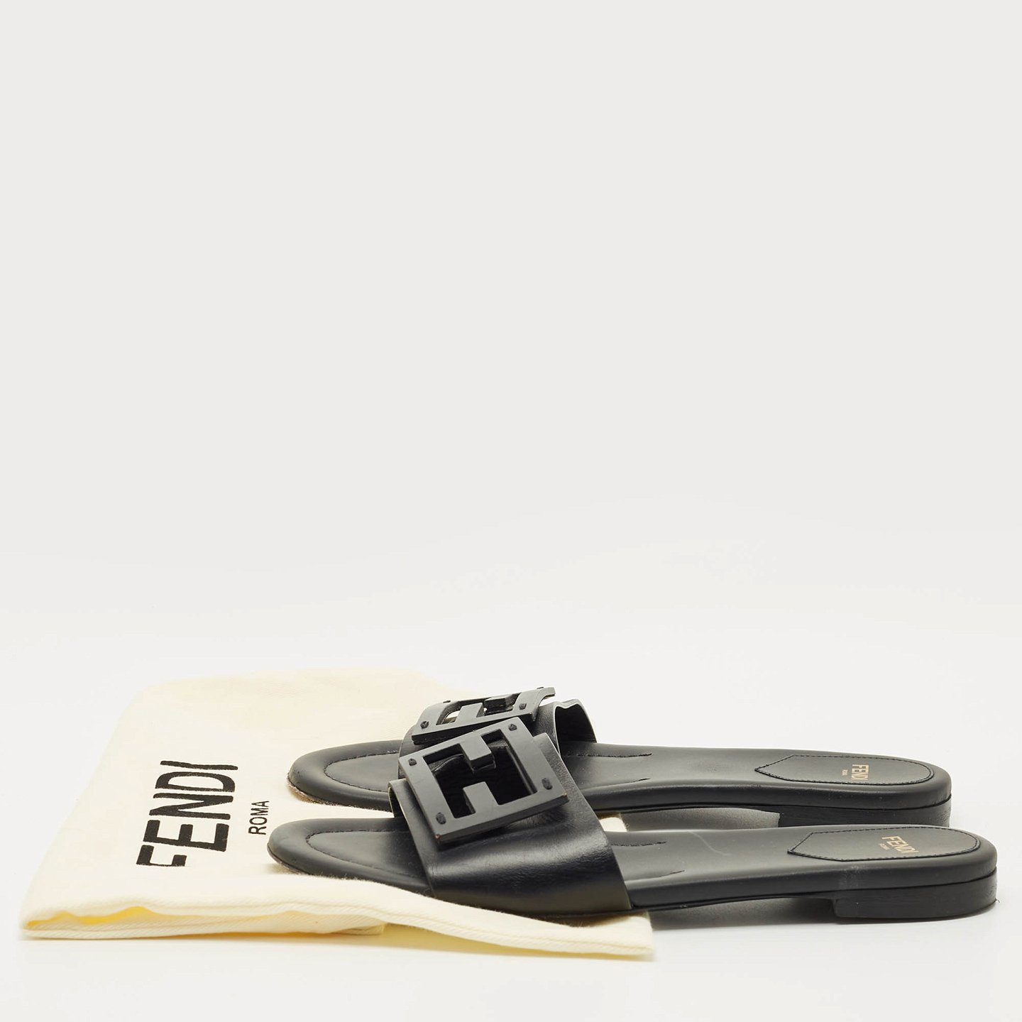 Black Leather Logo Flat Slides 1