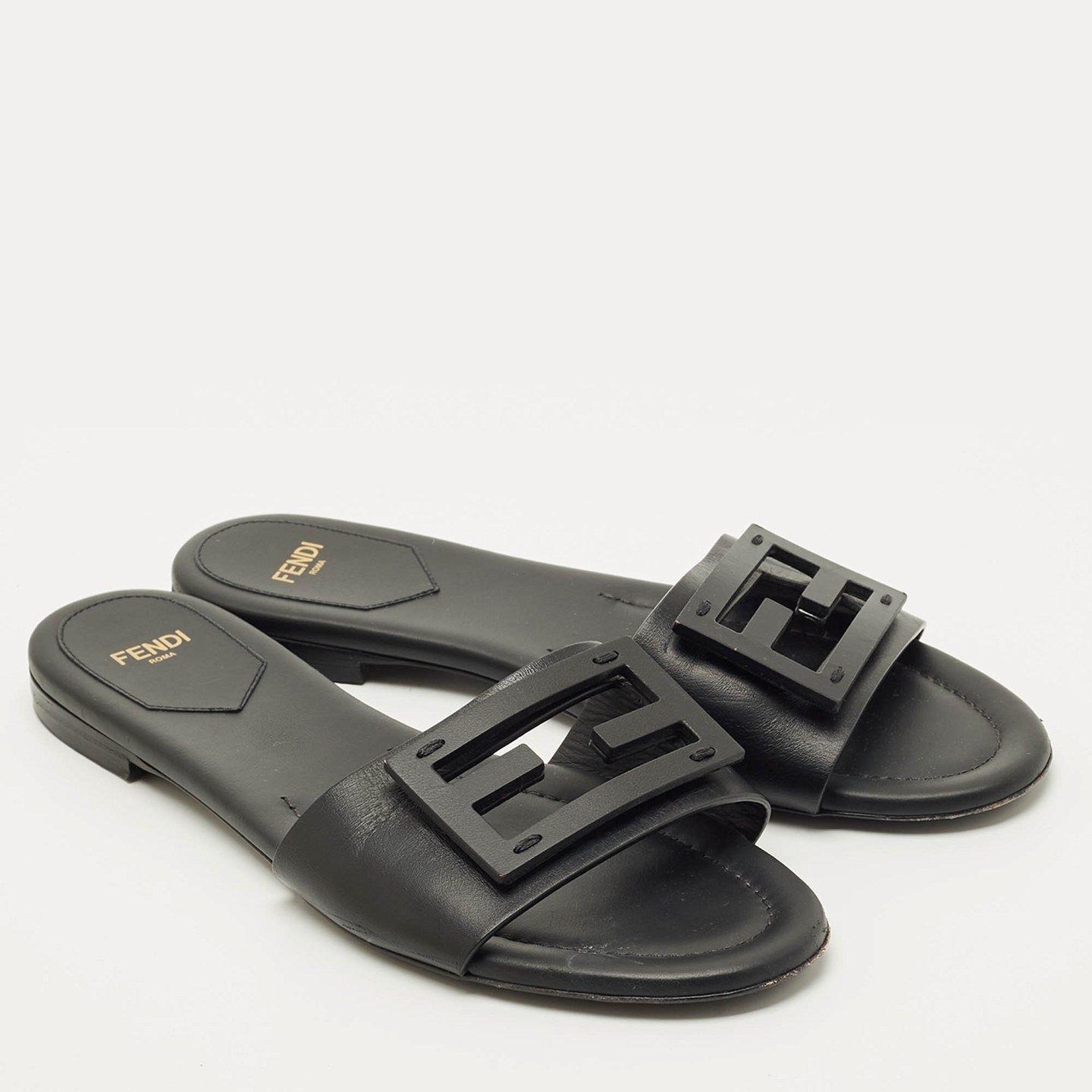 Black Leather Logo Flat Slides 6