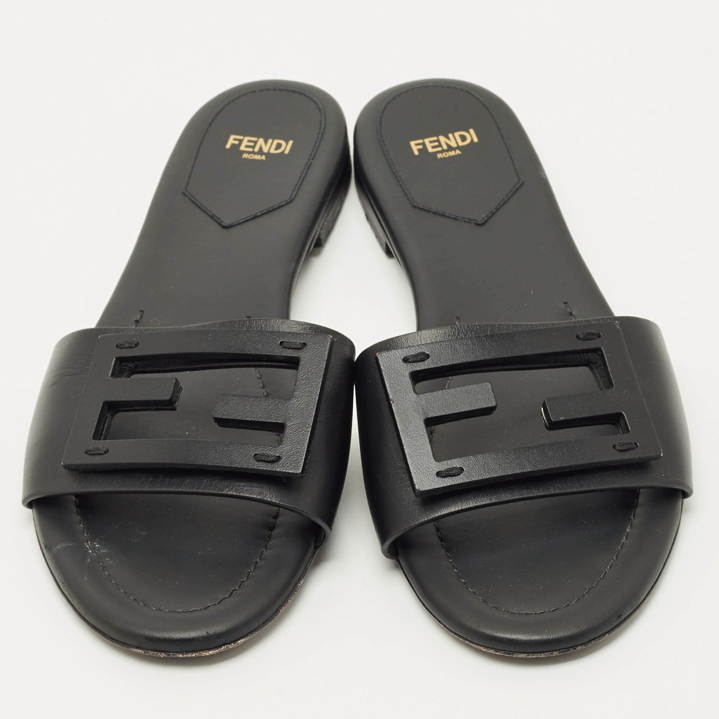 Black Leather Logo Flat Slides 7