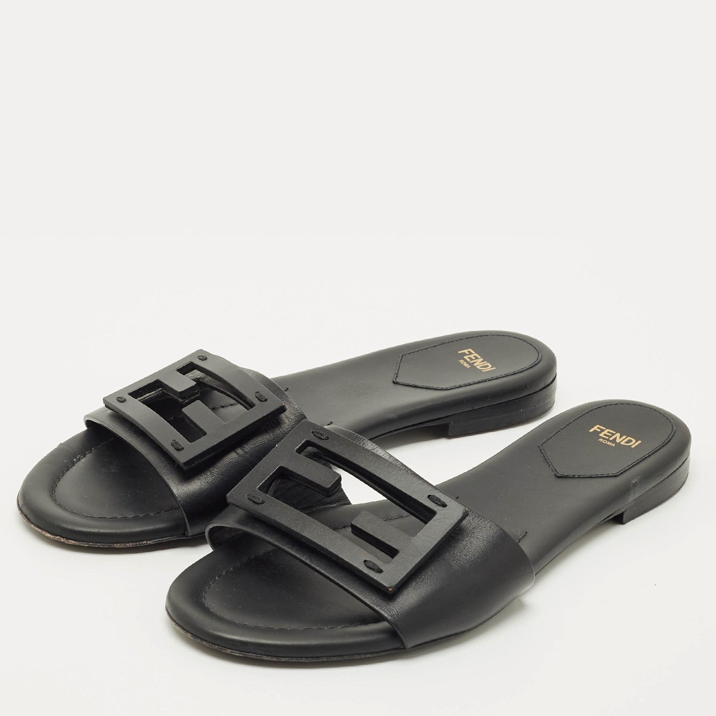 Black Leather Logo Flat Slides 8