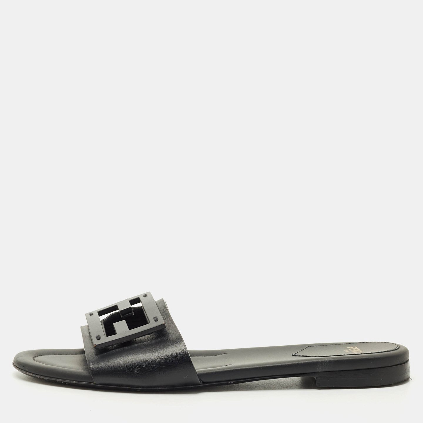 Black Leather Logo Flat Slides 9