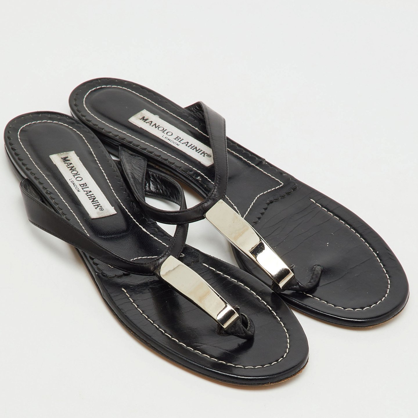Black Leather Flat Thong Sandals 6