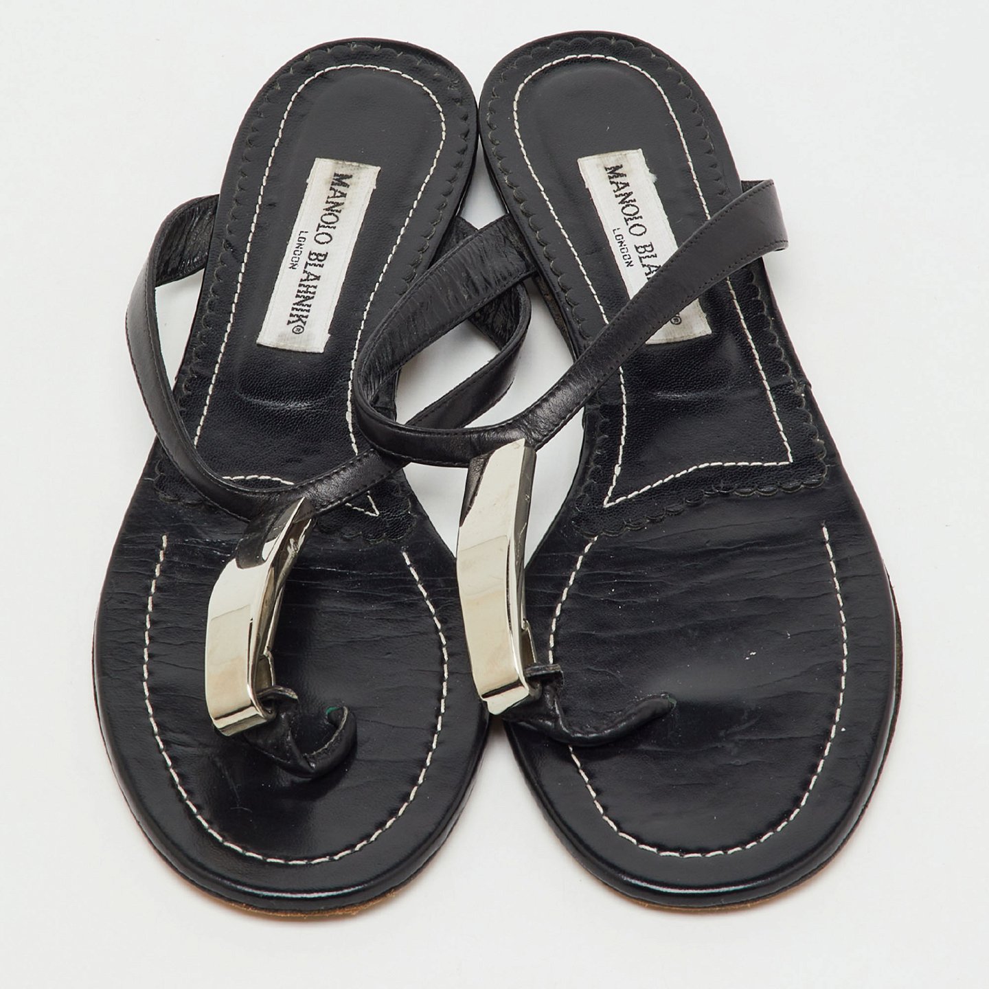 Black Leather Flat Thong Sandals 7
