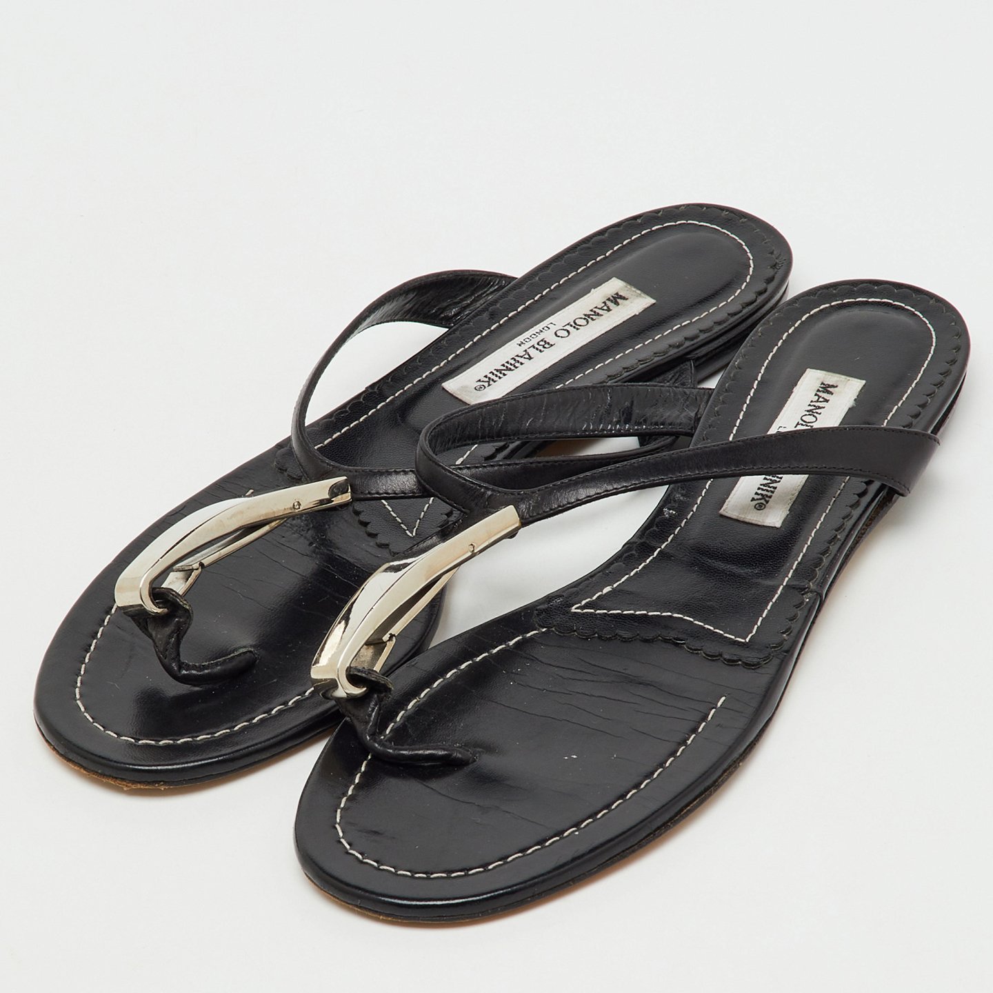 Black Leather Flat Thong Sandals 8
