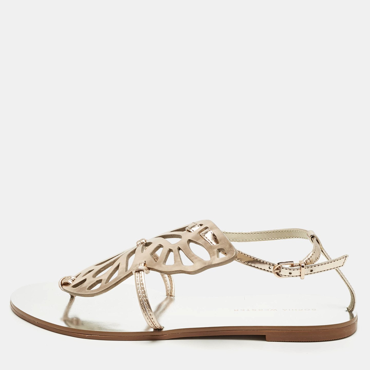 Gold Leather Butterfly Ankle Strap Slingback Flats 6