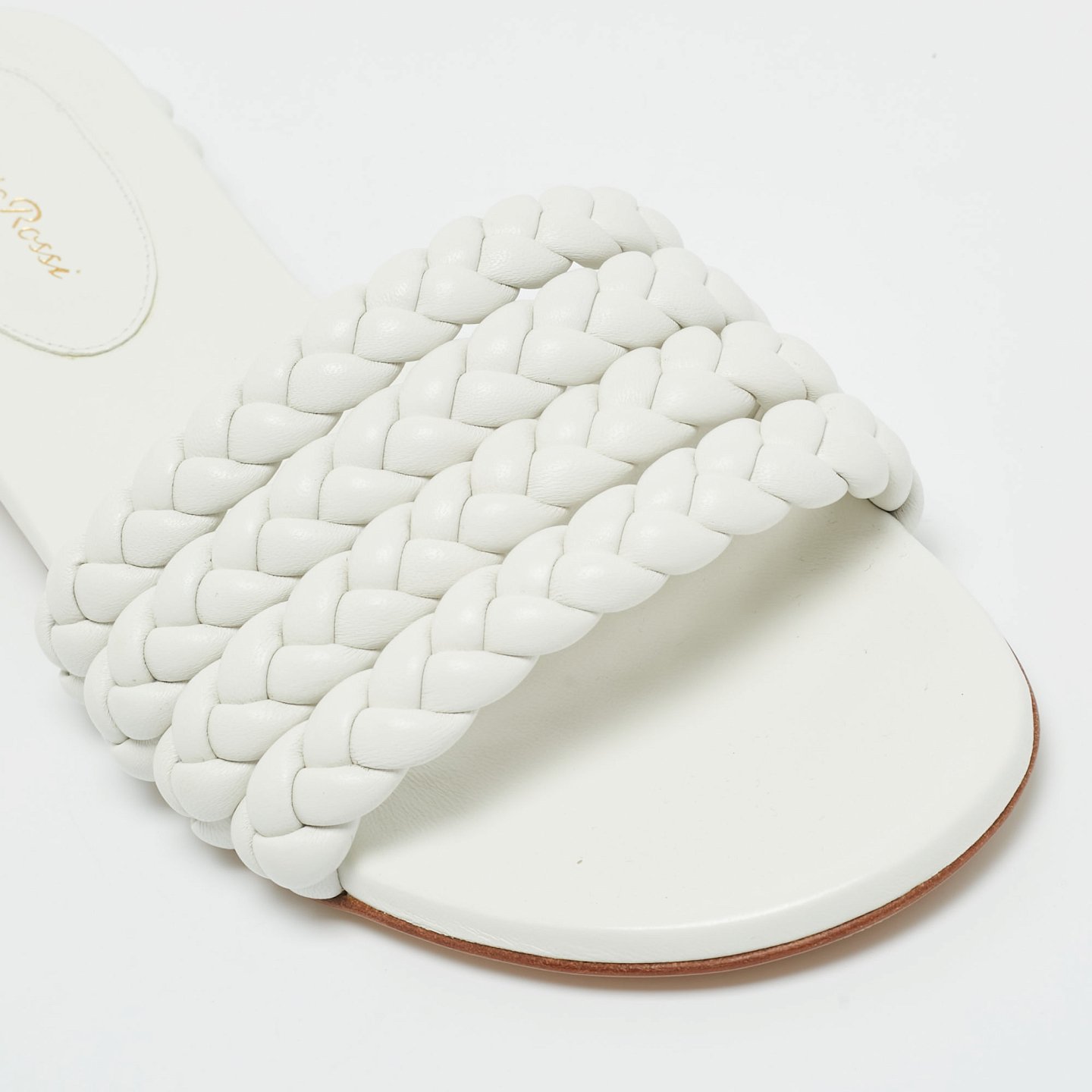 White Braided Leather Flat Slides 7