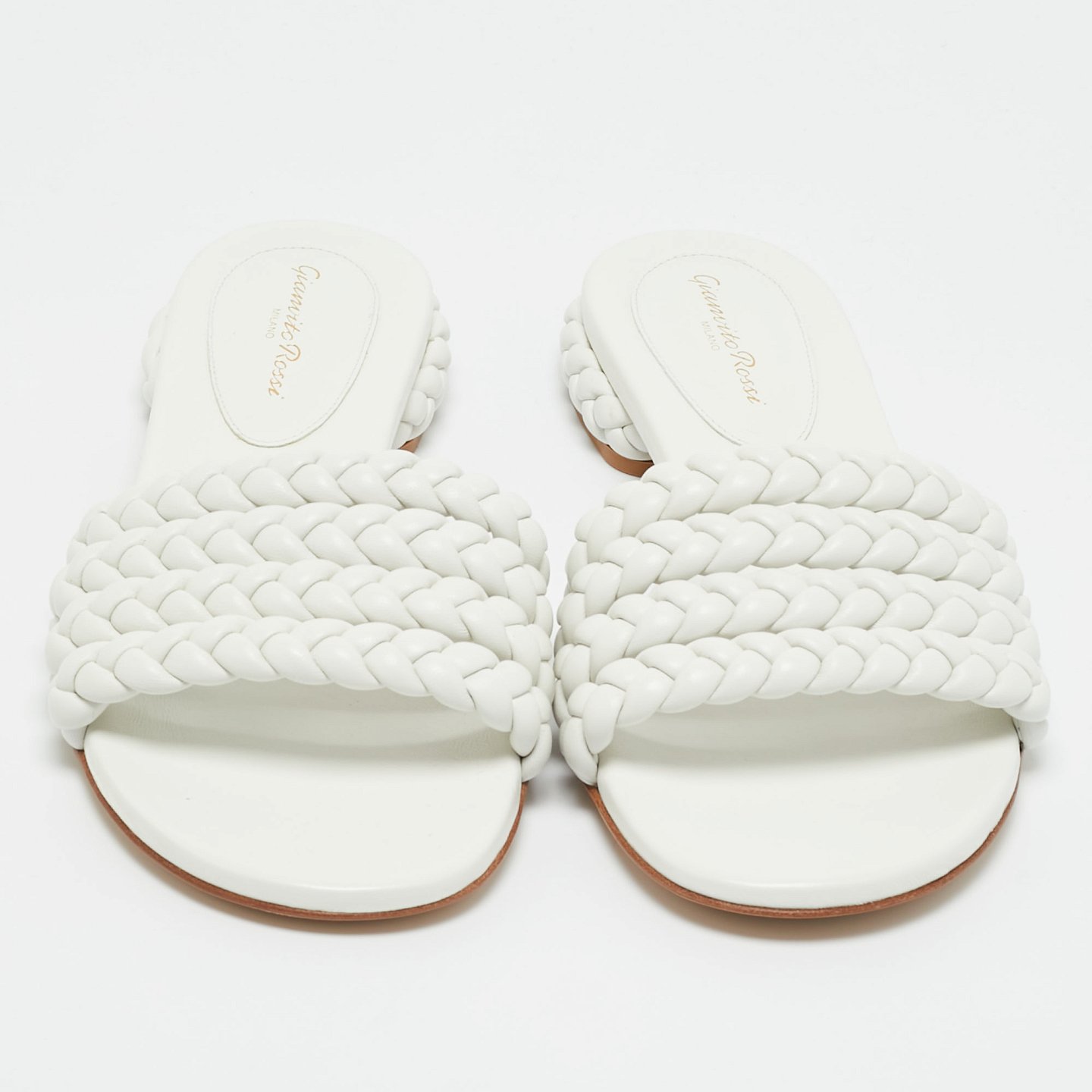 White Braided Leather Flat Slides 9
