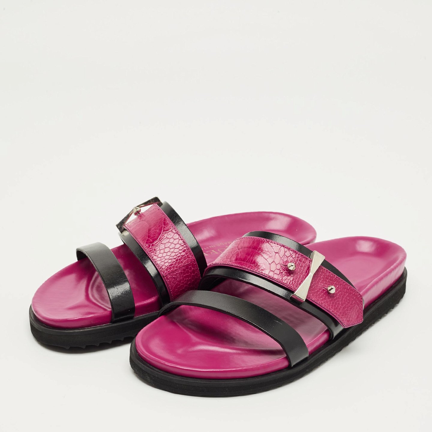 Pink/Black Ostrich Leg and Leather Flat Slides 9