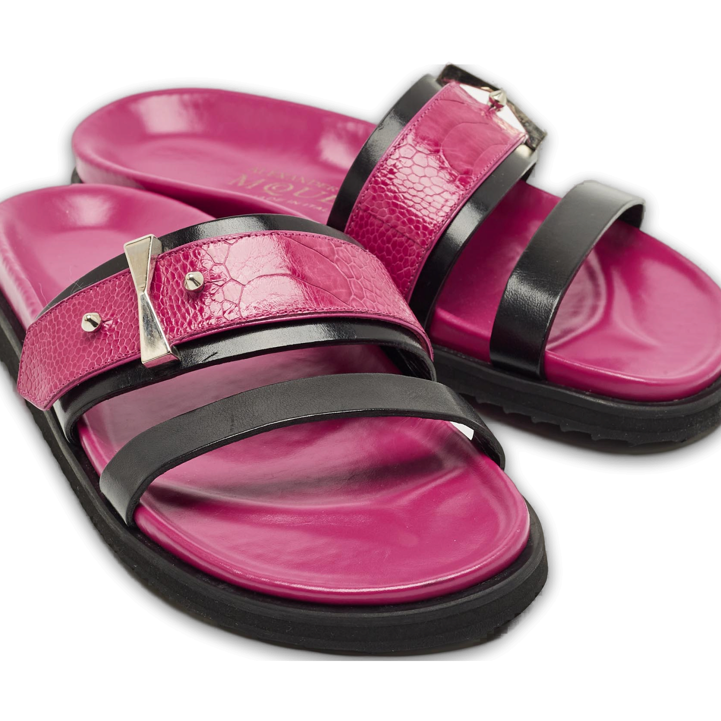 Pink/Black Ostrich Leg and Leather Flat Slides 0