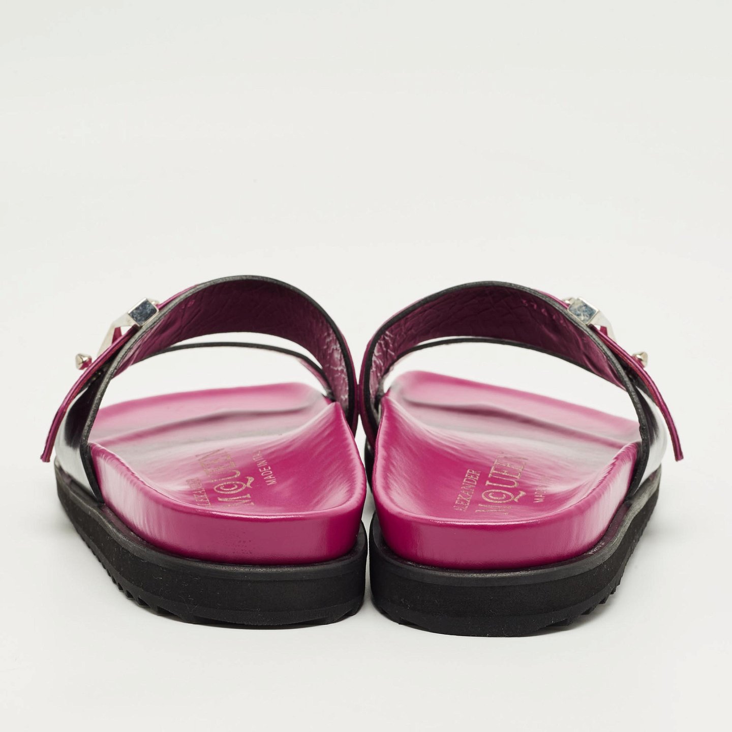 Pink/Black Ostrich Leg and Leather Flat Slides 3