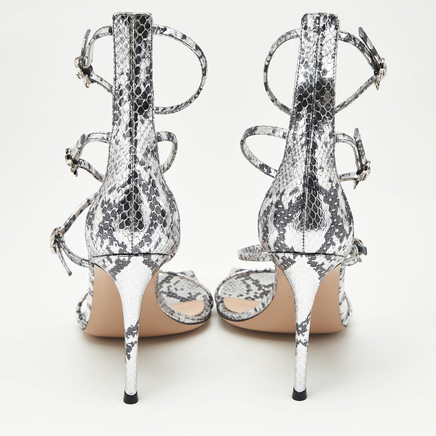 Ribbon Uptown Silver Snakeskin Embossed Leather Ankle Strap Sandals 2