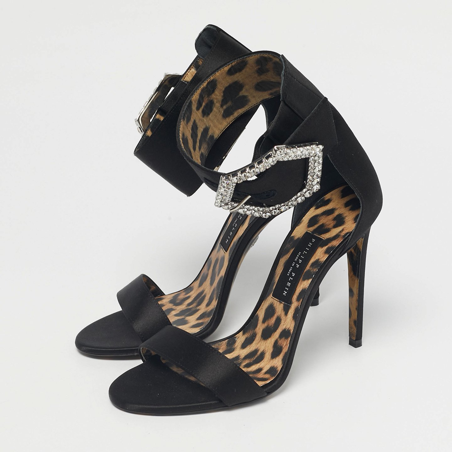 Black Satin Crystal Embellish Ankle Strap Sandals 3