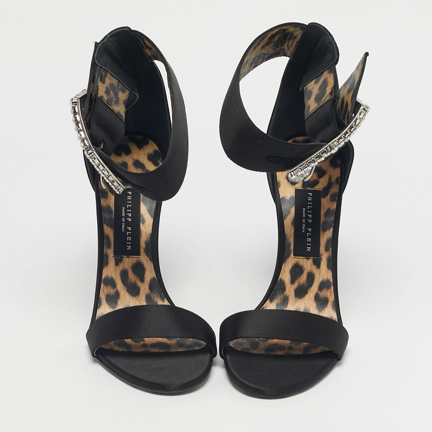 Black Satin Crystal Embellish Ankle Strap Sandals 4