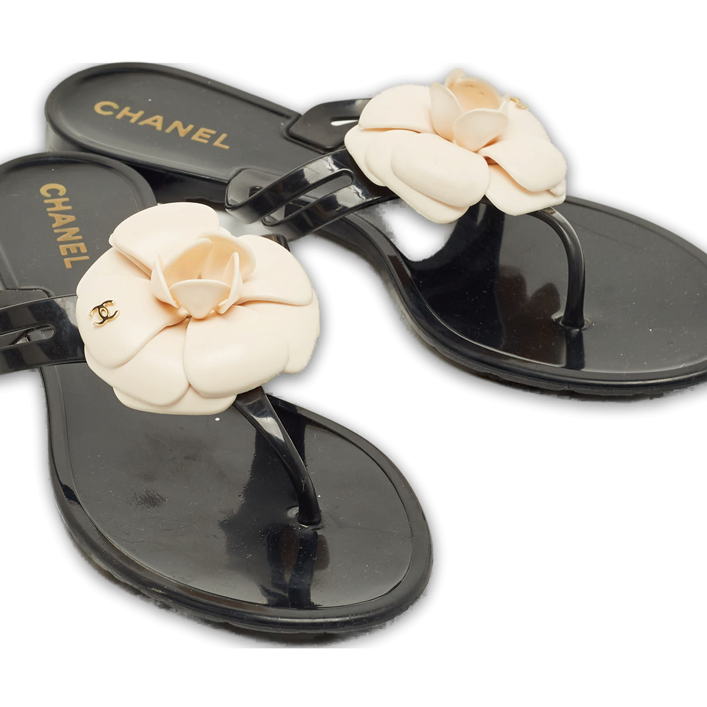 Black and White Jelly Camellia Thong Sandals 0