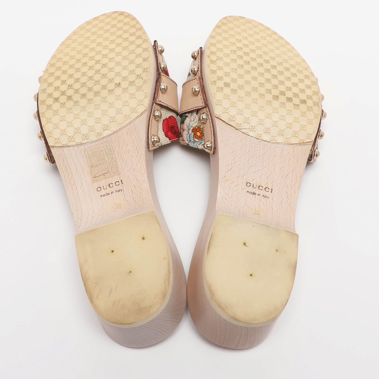 White Floral Print Canvas and Leather Icon Bit Wooden Clogs 2