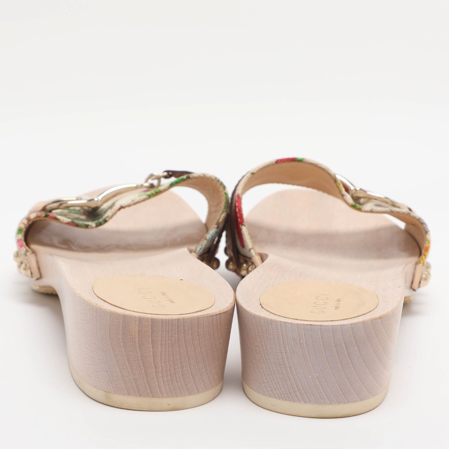 White Floral Print Canvas and Leather Icon Bit Wooden Clogs 4