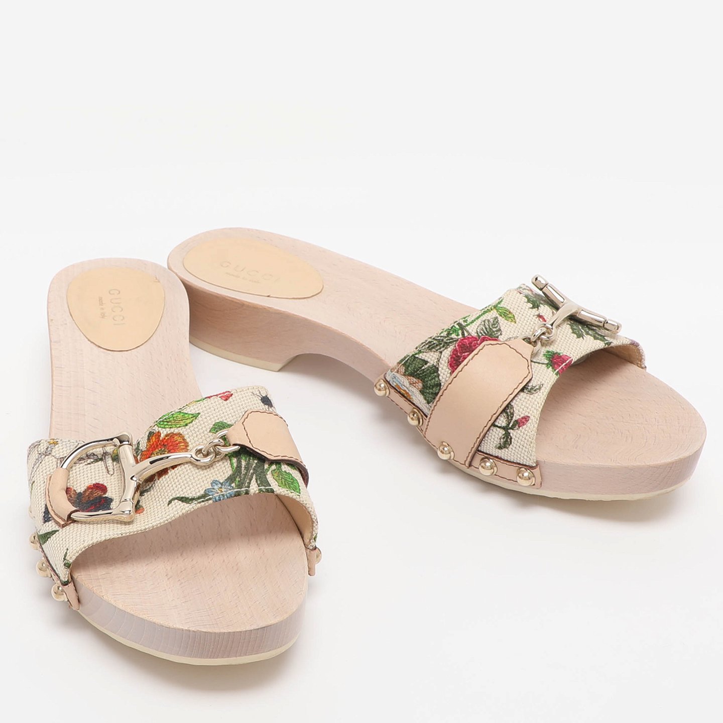 White Floral Print Canvas and Leather Icon Bit Wooden Clogs 7