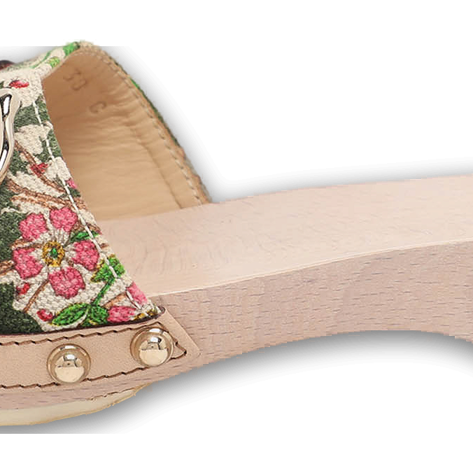 White Floral Print Canvas and Leather Icon Bit Wooden Clogs 0
