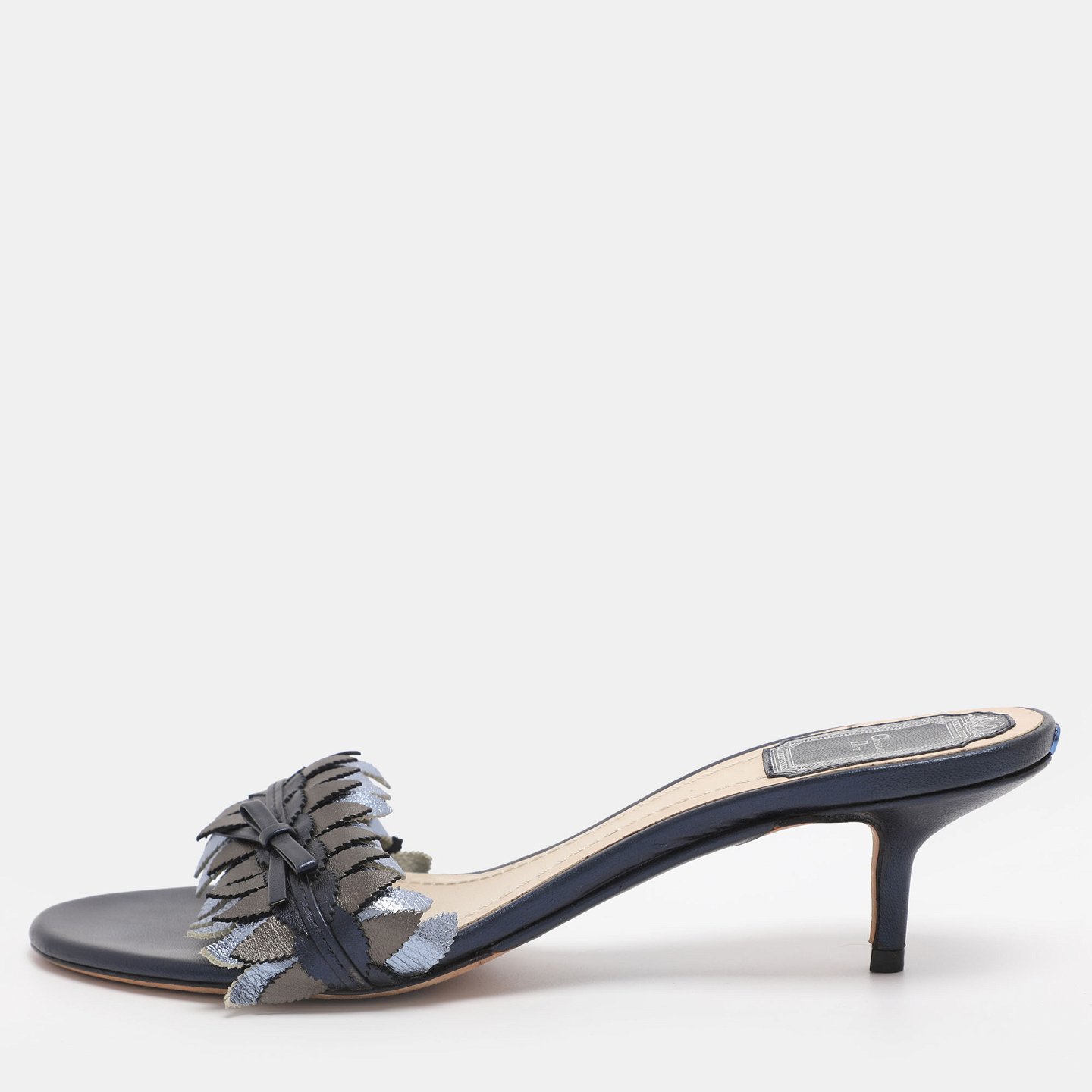 Metallic Blue Leather Cut Out Flat Slide Sandals 3