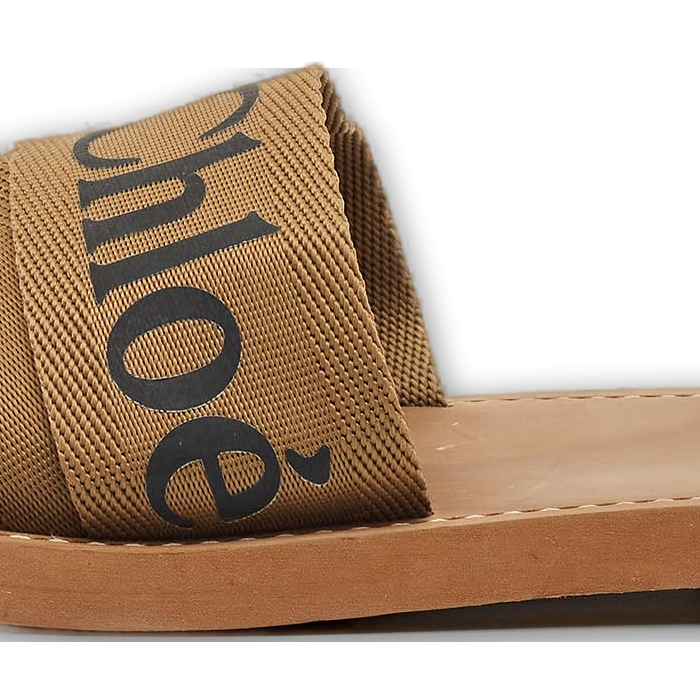 Brown Canvas Logo Ribbon Woody Flat Slide Sandals 0